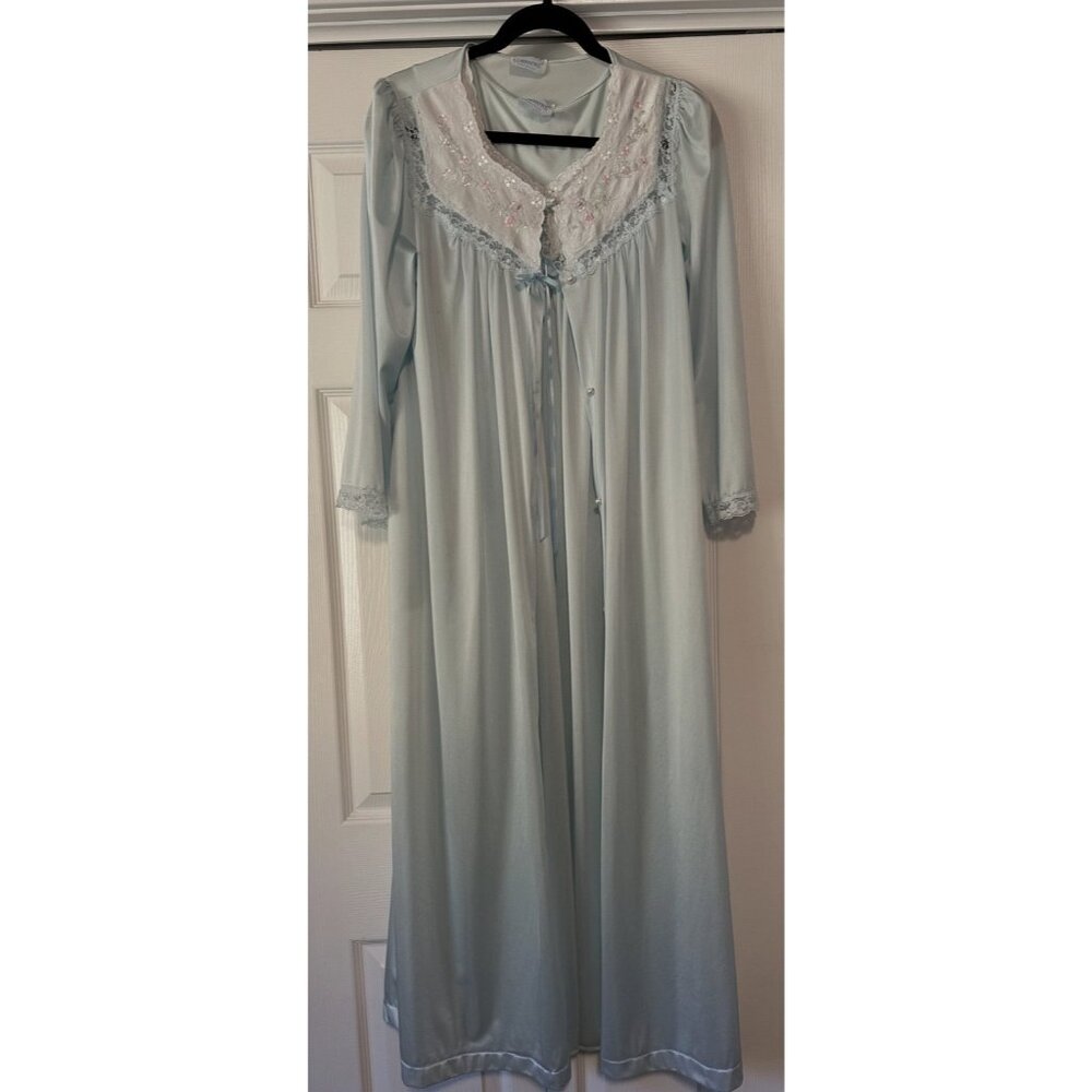 VTG Lorraine nylon peignoir set S long baby blue USA nightgown robe lace Brady